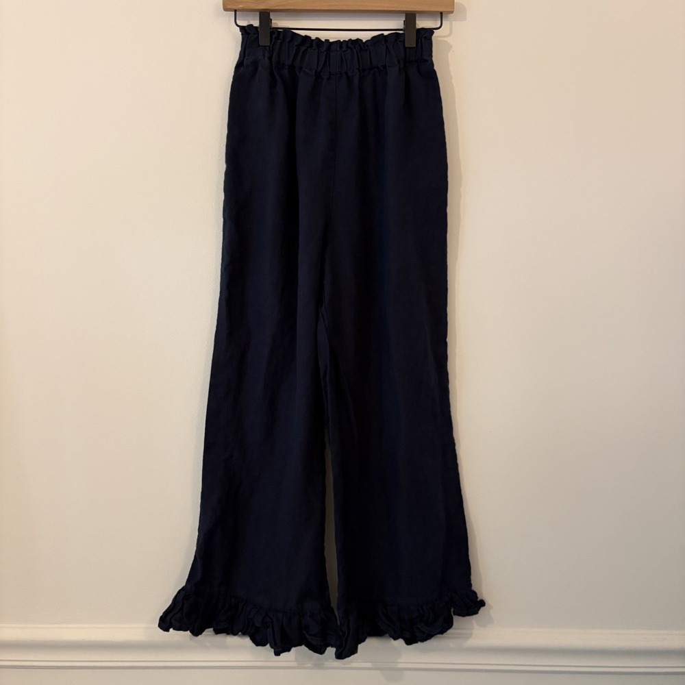 Len Ok 100% Linen Wide Leg Ruffle Crop Pants Black XS Minimalist Lagenlook Boho